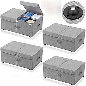 4-Pk 65L Geelin Foldable Under Bed Storage Bins w/ Wheels & Lids (White or Gray)