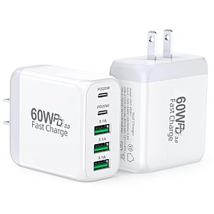 2-Pk 60W Max 5-Port CSODINCE USB-C Wall Charger Block w/ PD & QC 3.0