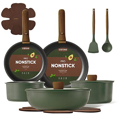 Prime Members: 15-Piece CAROTE Nonstick Cookware Set w/ Detachable Handles (Dark Green) $49.99 + Free Shipping