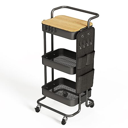 3-Tier DTK Metal Rolling Utility Cart w/ Tabletop, Side Bags & Hooks (Black) $29.75 + Free Shipping w/ Prime or on $35+