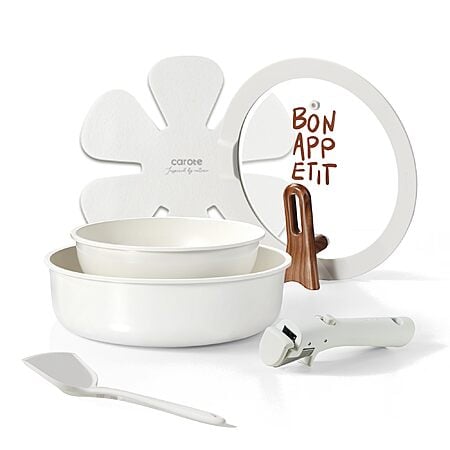 CAROTE Ceramic Nonstick Cookware Set: 8" Fry Pan, 10" Sauté w/ Lid, & Detachable Handle (Cream White) $27.97 + Free Shipping w/ Prime or on $35+