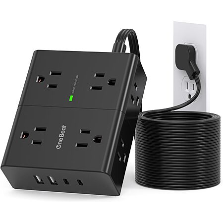 SUPERDANNY 8 Outlet & 4 USB 1050J Surge Power Strip w/ 10' Flat Plug Cord (Black) $9.99 + Free Shipping w/ Prime or on $35+