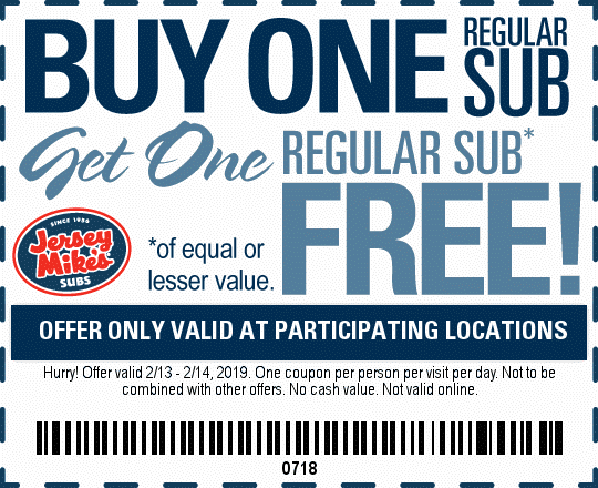 Jersey Mikes BOGO subs. Valid Feb 14th 