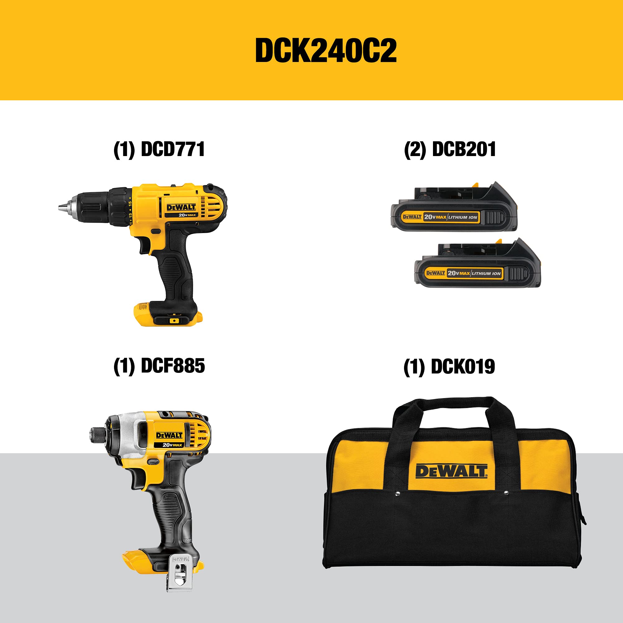 DEWALT 20V MAX Cordless Drill and Impact Driver, Power Tool Combo Kit with 2 Batteries and Charger, Yellow/Black (DCK240C2) - $139.00