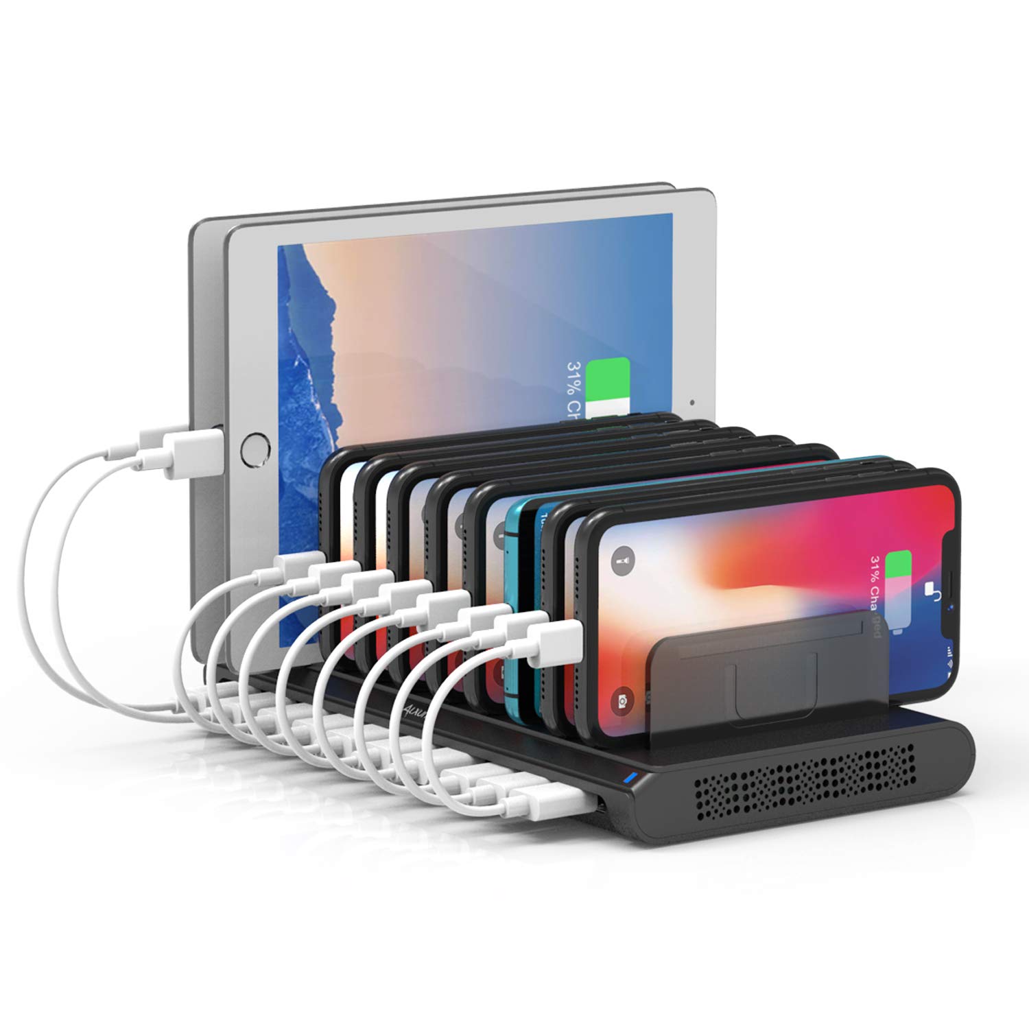 10-Port USB Alxum Charging Station for Multiple Device with Adjustable Dividers, Compatible with iPhone, iPad, Samsung Galaxy, Google Pixel $25.77
