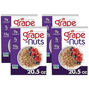 Post Grape Nuts Original Breakfast Cereal, Crunchy Whole Grain Wheat and Barley Cereal, Non-GMO Project Verified, 20.5 OZ Box (Pack of 4) $9.71