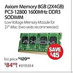 Axiom Memory 8GB (2x4GB) PC3-12800 1600MHz DDR3 SODIMM for $84.99