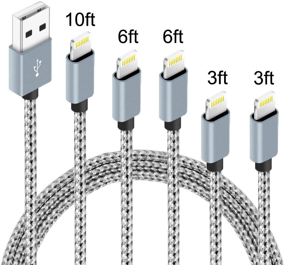 5 Pack (3ft 3ft 6ft 6ft 10ft) Apple MFi Certified iPhone Lightning Cable $7.99