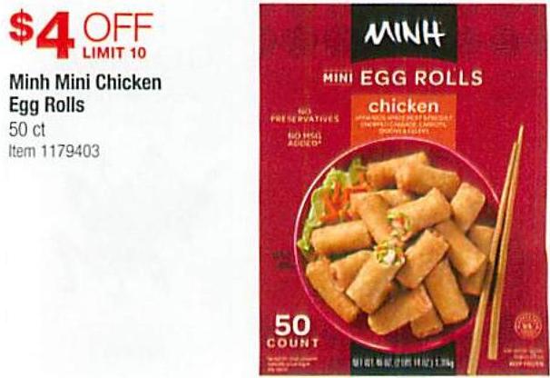 Costco Wholesale Black Friday: Minh Mini Chicken Egg Rolls, 50-Ct - $4 Off - Slickdeals.net