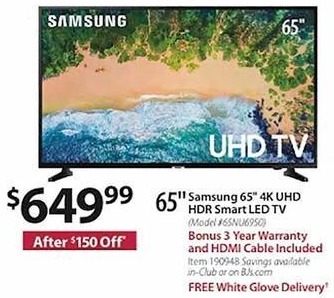 BJs Wholesale Black Friday: 65&quot; Samsung UN65NU6950 4K UHD HDR Smart LED TV for $649.99 ...
