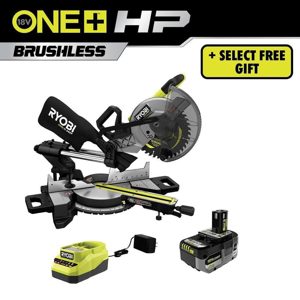 Ryobi ONE+ HP 18V Brushless Cordless 10 in. Sliding Compound Miter Saw Kit with 4.0 Ah HIGH PERFORMANCE Battery and Charger $180 with 1 battery or $299 with 2 batteries