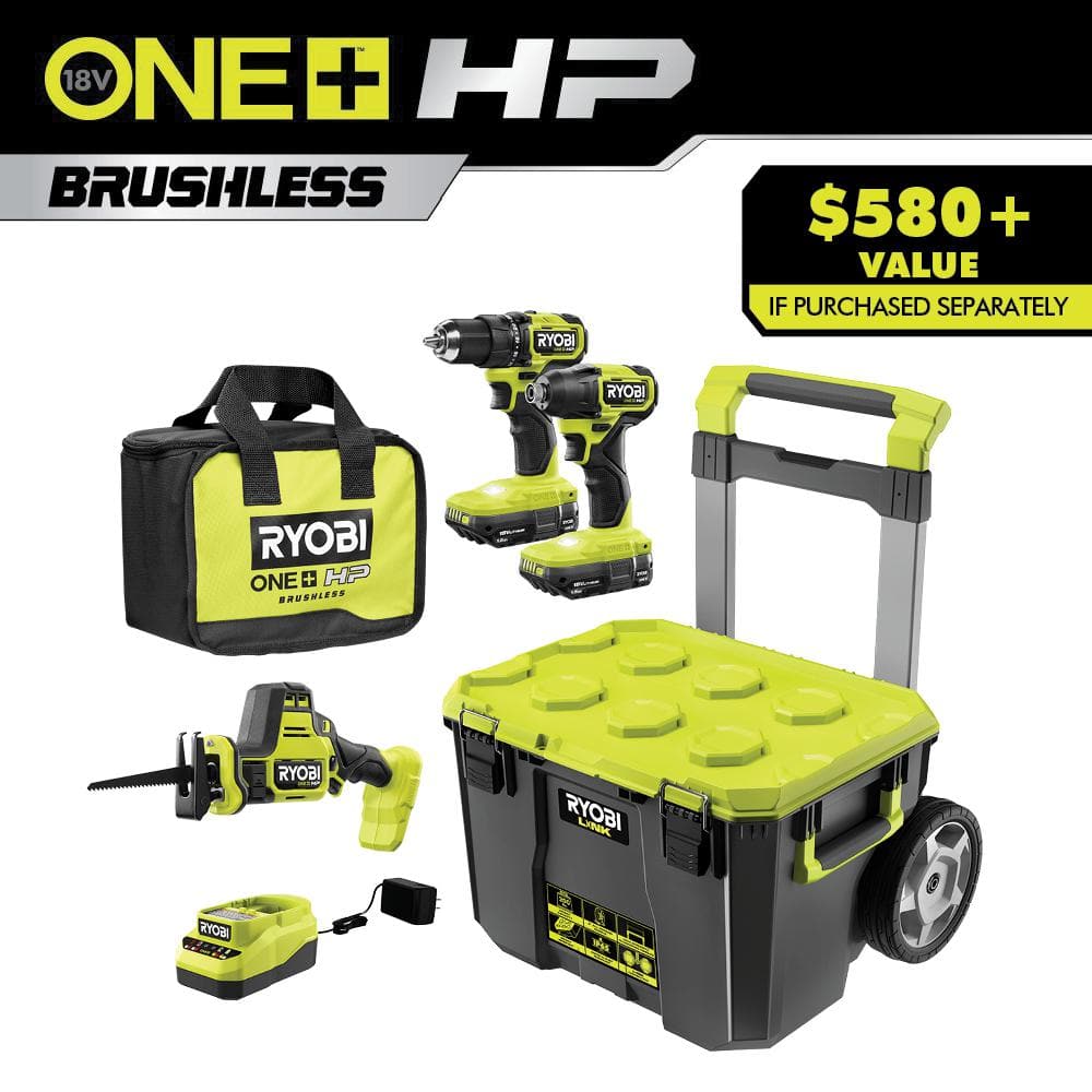 YMMV - RYOBI ONE+ HP 18V Compact Brushless 3-Tool Combo Kit with LINK Rolling Tool Box, (2) 1.5 Ah Batteries and Charger $159 at Home Depot