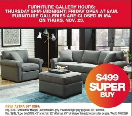 macy's black friday: astra 91'' sofa for $499.00