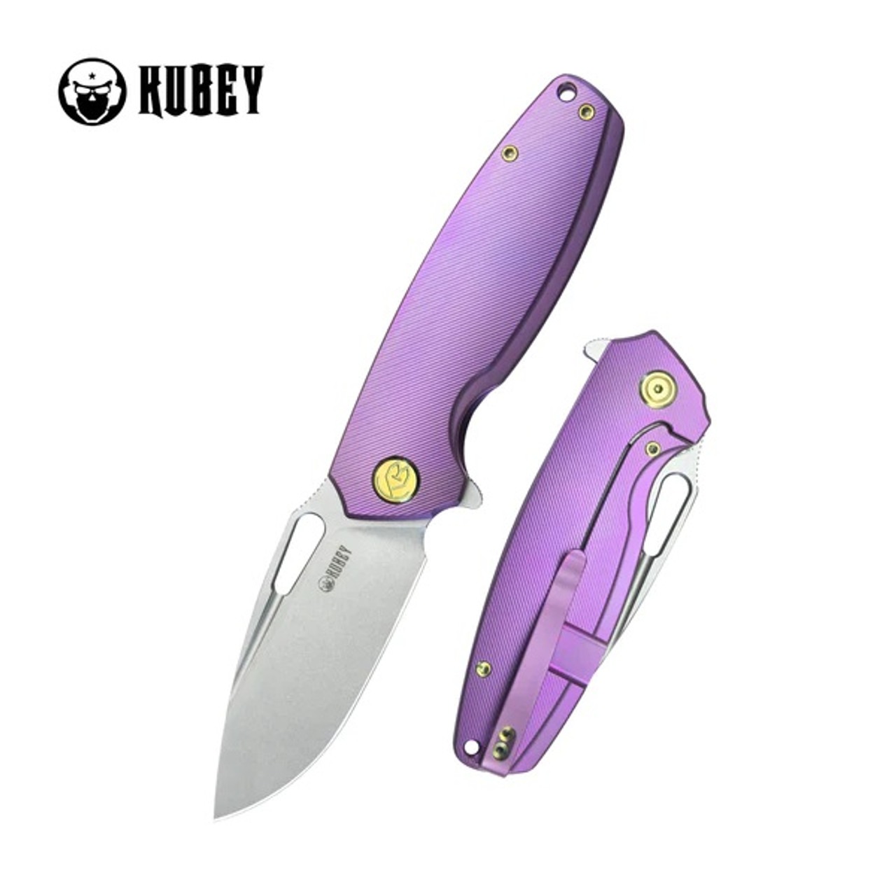 Kubey Tityus Frame Lock Folding Knife Purple Titanium Handle 14C28N Drop Point Plain Edge Bead Blast Finish KB360C - $67.50
