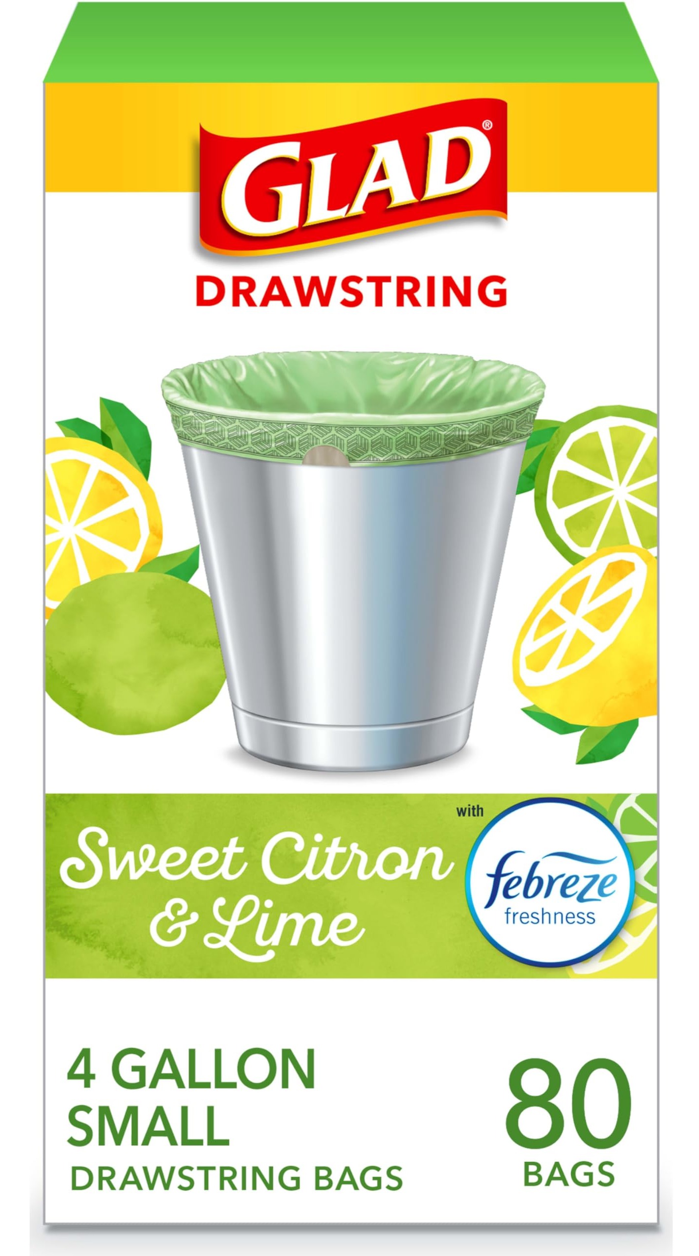$8.34 /w S&S: Glad OdorShield Small Drawstring Trash Bags, Sweet Citron & Lime, 4 Gal, 80 Ct