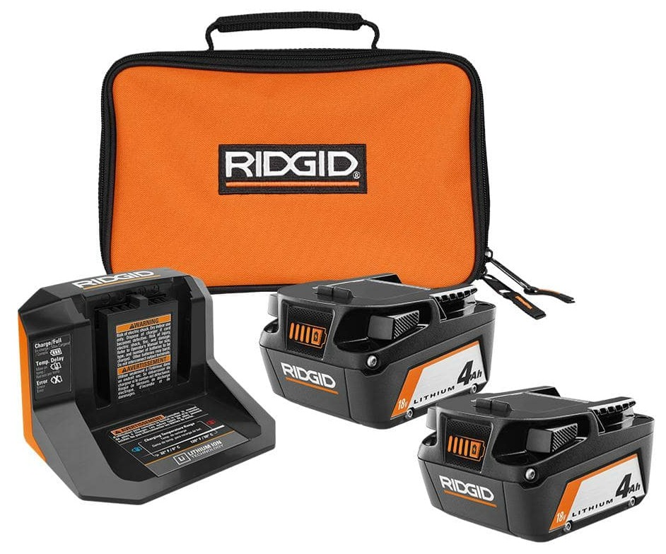 RIDGID 18V Lithium-Ion (2) 4.0 Ah Battery Starter Kit with Charger and Bag, $79, free shipping, Home Depot $79