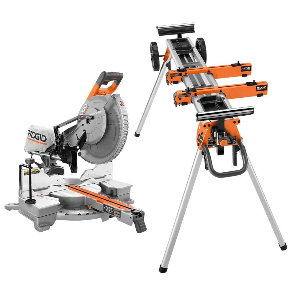 RIDGID 15 Amp 12 in. Corded Dual Bevel Sliding Miter Saw with 70 Deg. Miter Capacity with Professional Compact Miter Saw Stand, $399, FS, Home Depot $399