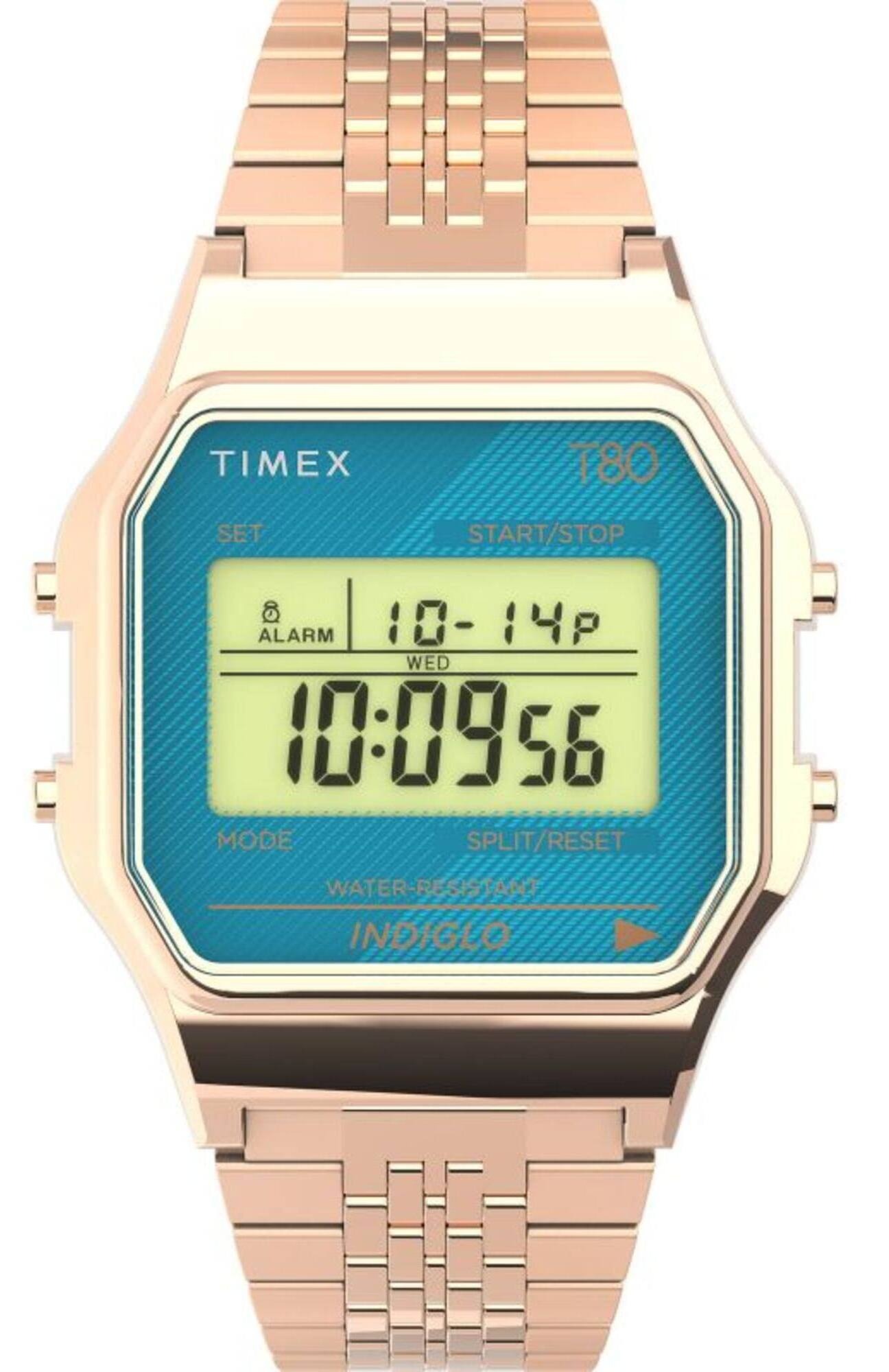 Timex Unisex Watch Blue Digital Dial Rose Gold Tone Bracelet $35