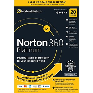 $  14.99 Norton Security 360 PLATINUM 20 Devices 1 Year Subscription Anti-Virus Protection