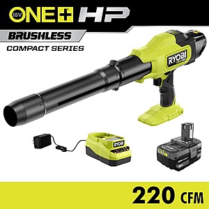 RYOBIONE+ HP 18V Brushless Cordless 220 CFM 140 MPH Compact Blower with 4.0 Ah Battery & Charger $119