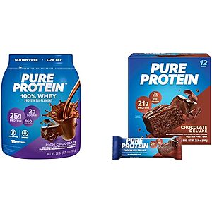 Pure Protein Chocolate Whey Protein Powder 1.75lb & Chocolate Deluxe Protein Bars 12 Count for $25.90