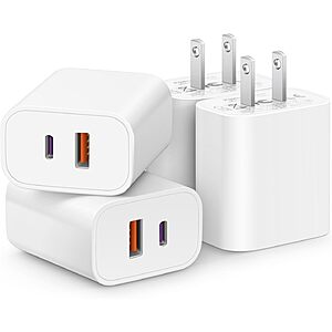 [4 Pack] USB C Charger Block Fast Charging Multiport Adpater [PD 20W USB-C & QC 3.0 USB-A Port] for iPhone 17/16/15/14/13/12/11/X/8, iPad, Galaxy, Google & More $9.98