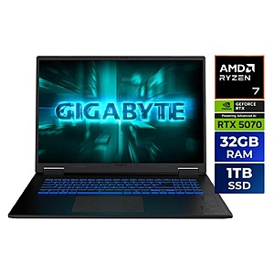 GIGABYTE Gaming A18 18" Laptop, AMD Ryzen 7 260, 32GB RAM, 1TB SSD, GeForce RTX 5070, 165Hz IPS, Black Steel $1399