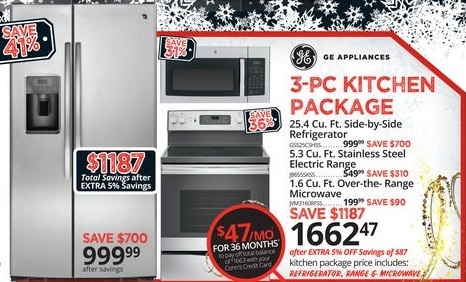 Conns Black Friday: 3-Pc Kitchen Package: GE 25.4 cu ft Side-by-Side Refrigerator, 5.3 cu ft Stainless Steel Electric Range, and 1.6 cu ft Over-the-Range Microwave for $1,662.47