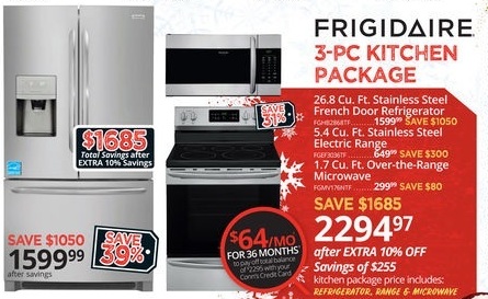 Conns Black Friday: 3-Pc Kitchen Package: 26.8 cu ft Stainless Steel French Door Refrigerator, 5.4 cu ft Stainless Steel Electric Range, and 1.7 cu ft Over-the-Range Microwave for $2,294.97