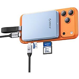 ORICO 10Gbps Magnetic M.2 NVMe Enclosure with Card Reader for iPhone | USB3.2 Gen2 | PD 100W Pass-Through | TF