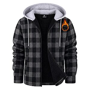 ZITY Men's Flannel Sherpa Fleece Lined Full-Zip Plaid Hooded Jacket