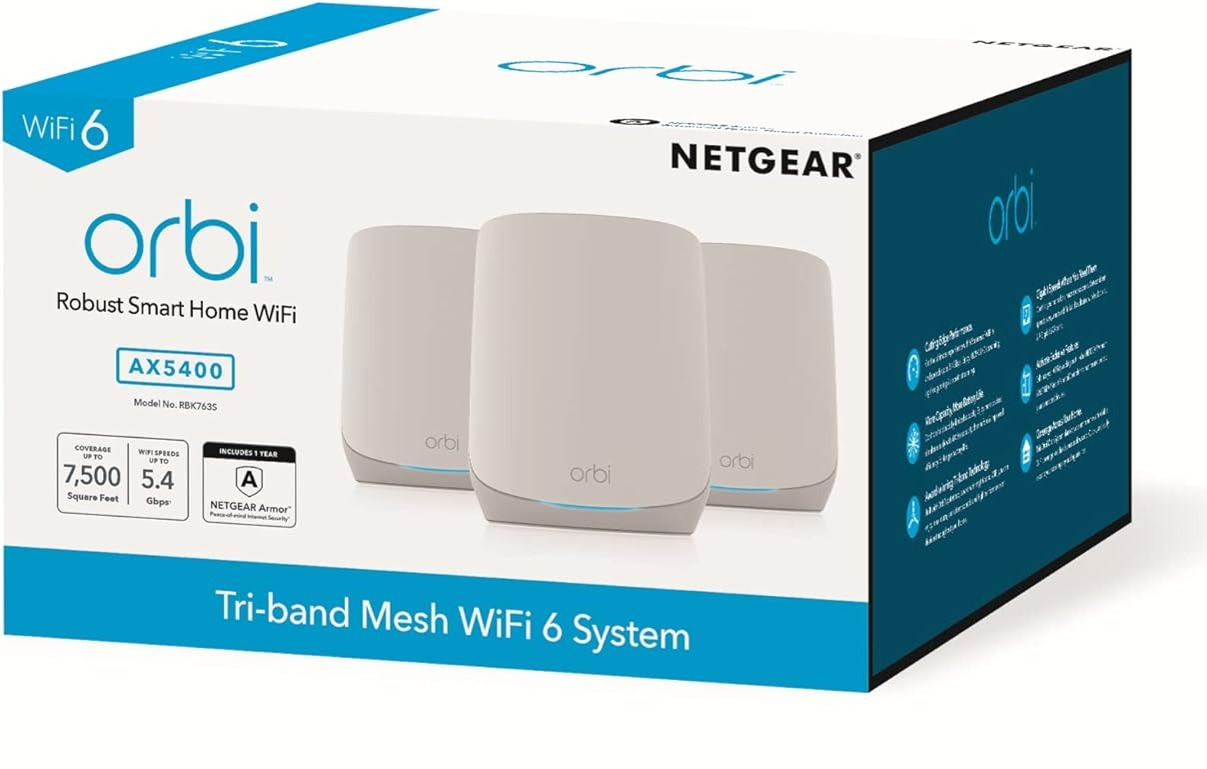 Netgear Orbi RBK763-100NAR AX5400 Tri-band WiFi 6 Mesh System, 5.4Gbps, Router and 2 Satellites (Renewed) - $249.99