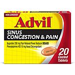 Advil Sinus Congestion and Pain, Sinus Relief Medicine, Pain Reliever and Fever Reducer with Ibuprofen and Phenylephrine HCl - 20 Coated Tablets - $5.69