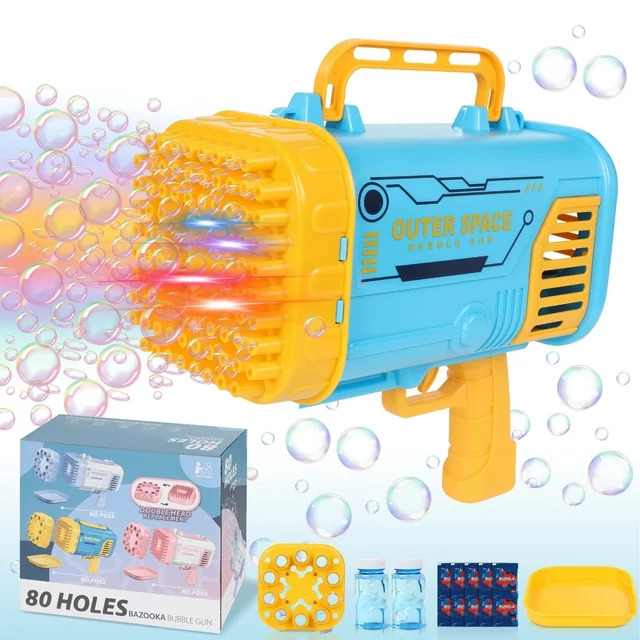 Wisairt Bubble Machine,80 Holes Bubble Blowing Toys with Replaceable Nozzles,2 Bubble Solution and Colorful Lights,Bubble Toys Outdoor Birthday Wedding Party(Blue & Yellow) $17.99