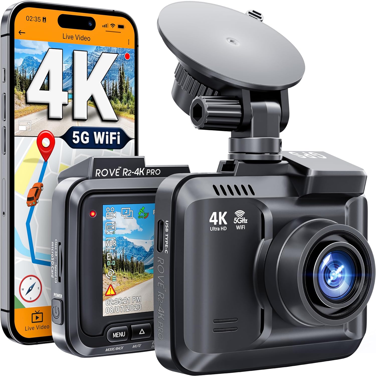 ROVE R2-4K PRO Dash Cam, Built-in GPS, 5G WiFi Dash Camera for Cars, 2160P UHD 30fps Dashcam with APP, 2.4" IPS Screen, Night Vision, WDR, 150° Wide Angle, $90