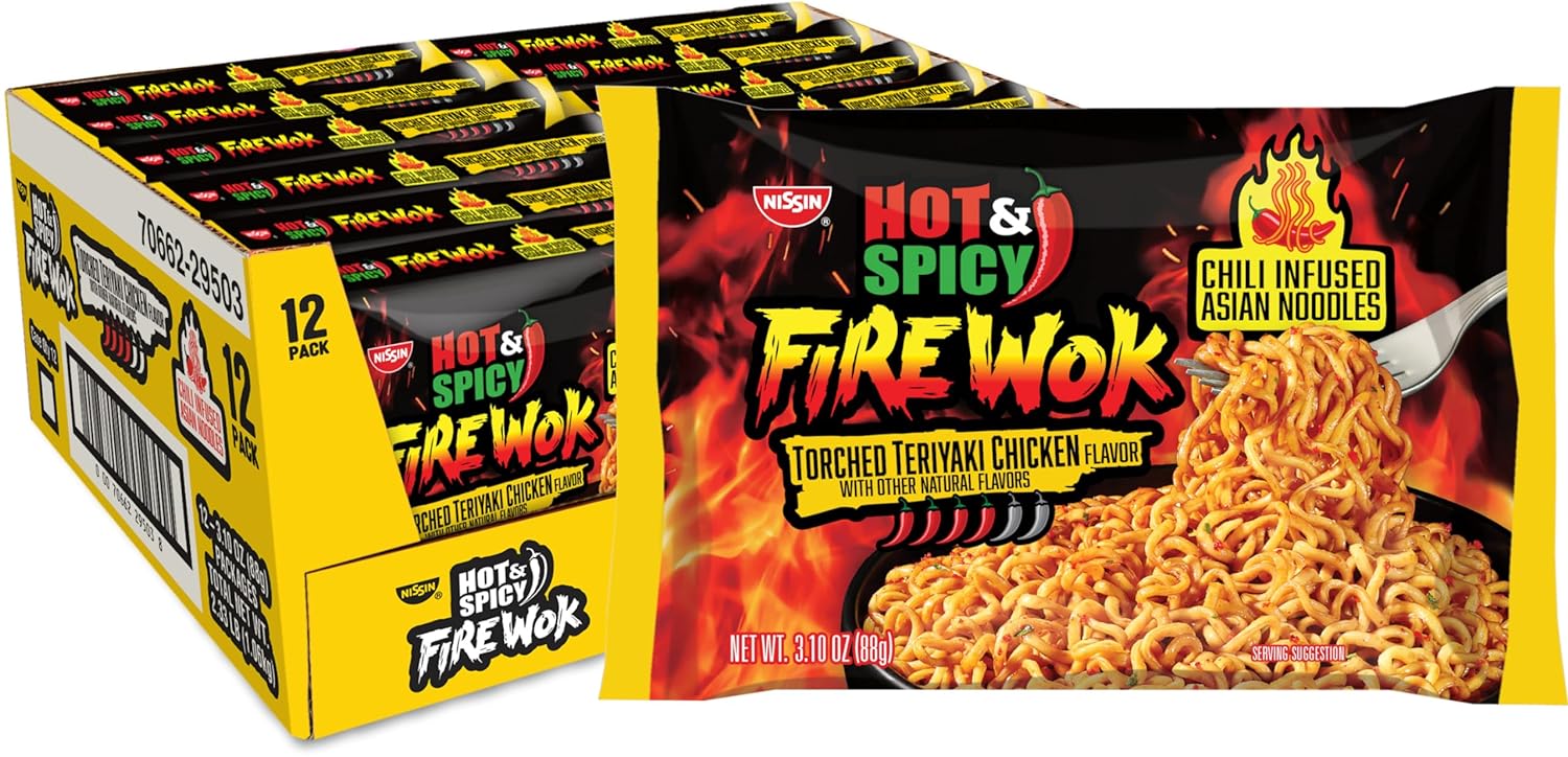 Nissin Fire Wok, Torched Teriyaki Chicken, Hot & Spicy Chile Infused Asian Noodles, Pack of 12
