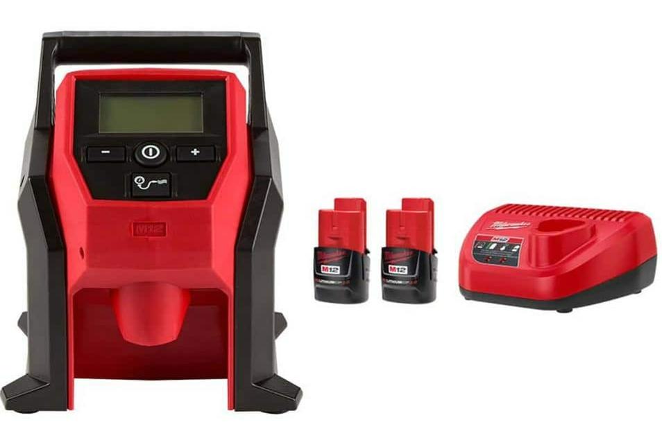 M12 12V Lithium-Ion Compact 2.0 Ah Battery Pack (2-Pack) Starter Kit with Charger and M12 Portable Inflator - NO HACK NEEDED $129 @ Home Depot
