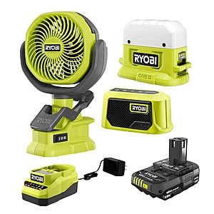 Ryobi ONE+ 18V Cordless 3-Tool Campers Kit with Area Light, Bluetooth Speaker, 4 in. Clamp Fan, 1.5 Ah Battery, and Charger $64.97