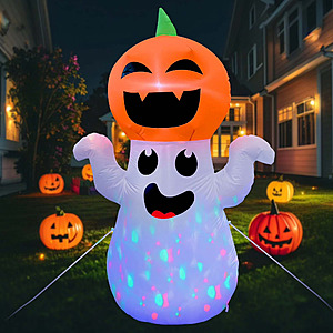 GVDV 5Ft Halloween Inflatable Pumpkin Ghost with 360° Rotating Colorful LED Lights, Cute Indoor/Outdoor Decor for Party, Yard, Lawn $19.99
