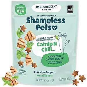 2.5oz. Shameless Pets Digestive Crunchy Cat Treats (Chicken/Catnip N Chill) https://static.slickdealscdn.com/attachment/4/3/4/7/1/300x300/18693232.thumb.80 w/ Subscribe & Save