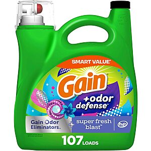 154-Oz Gain + Odor Defense Liquid Laundry Detergent (Super Fresh Blast, 107 Loads) 3 for $31.80 w/ Subscribe & Save + Free Shipping