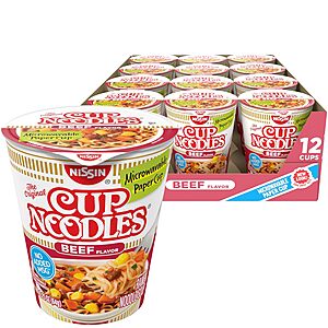 12-Pk 2.25-Oz Nissin Cup Noodles Ramen Noodle Soup (Beef) $4.20 w/ S&S