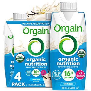 4-Pk 11-Oz Orgain Organic Vegan Protein Shake (Vanilla Bean) $3.85 w/ S&S