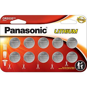 10-Pk Panasonic CR2032 3V Lithium Coin Cell Batteries $7 