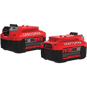 2-Pk 4Ah CRAFTSMAN V20 Lithium Ion Battery + Earn 10% Back w/ Prime Visa $69 + Free S&H