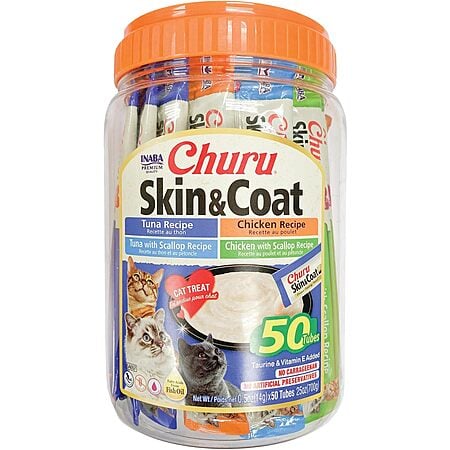 [S&S] $19.92: 50-Pack 0.5-Oz INABA Churu Cat Treats (Skin & Coat Variety) at Amazon