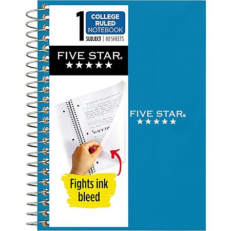 $2.50: Five Star Spiral Notebook, 1 Subject, College Ruled Paper, Personal Size, 4-3/8" x 7", 80 Sheets at Amazon