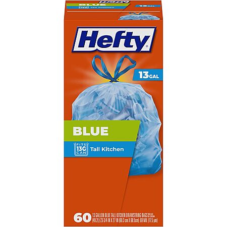 [S&S, AC] $6.60* | 60-Count 13-Gallon Hefty Trash Bags (Blue) at Amazon