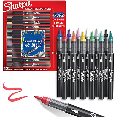 [S&S] $10.63* | 12-Count Sharpie Creative Paint-Like Brush Tip Acrylic Markers (Assorted Colors) at Amazon