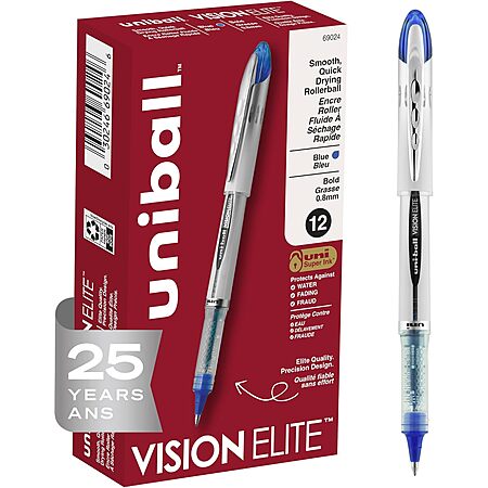 $7.84* | 12-Count Uniball Vision Elite Blue Bold Point 0.8mm Rollerball Pens at Amazon